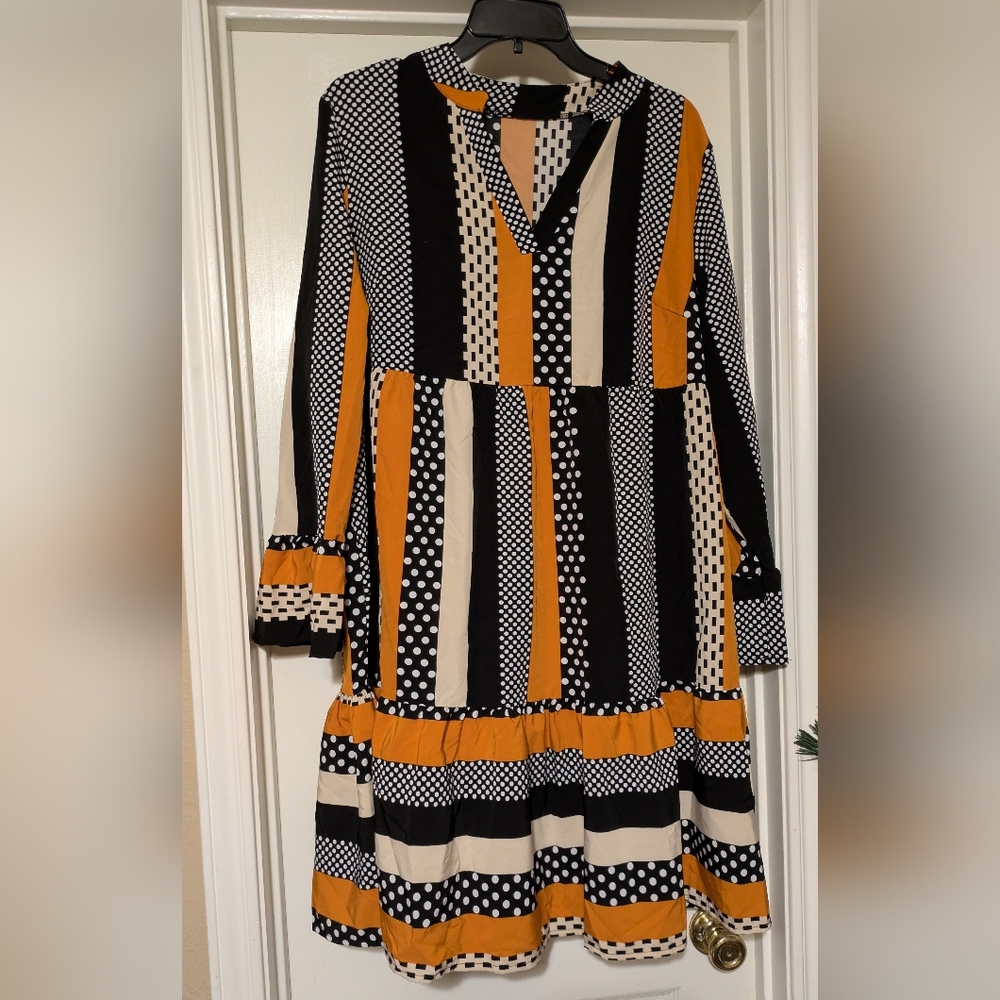 Elegant Striped and Polka Dot Long Sleeve Dress